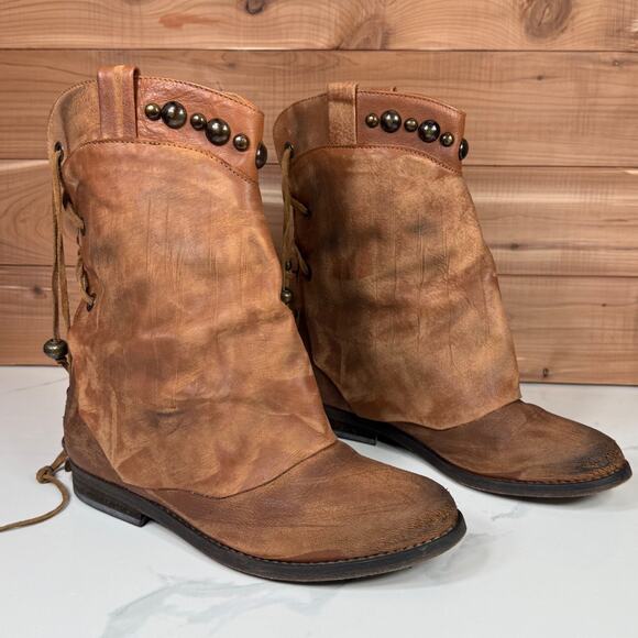 Free People Wayland Brown Distressed Leather Studs Back Ankle Boots Women's 6.5 - Picture 5 of 16